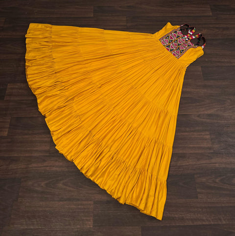 Yellow Reyon Fabric with Kutchi Gamthi Work Gown For Women