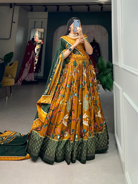 Yellow Embrace the elegance of Dola Silk, where tradition meets contemporary style in every printed lehenga choli for women