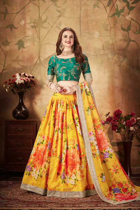 Yellow And Green Fancy Vibrant Lehenga Choli For Women In Wedding Occasion with Dupatta in USA