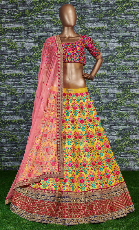 Everyone will admire you when you wear this Stunning Yellow and Red Embroidered Designer Lehenga Choli For Women