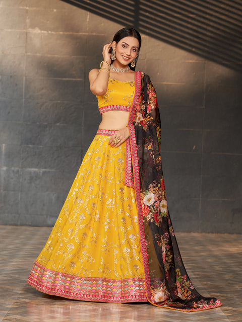 Yellow And Black Stylish Wedding wear Heavy Lehenga Choli for Women with Dupatta Sequence Lehenga Choli In USA