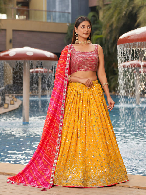 Lovely Yellow And Pink Wedding wear Heavy Lehenga Choli for Women with Dupatta Sequence Lehenga Choli In USA