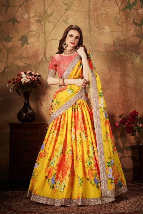 Yellow And Orange Fancy Vibrant Lehenga Choli For Women In Wedding Occasion with Dupatta in USA