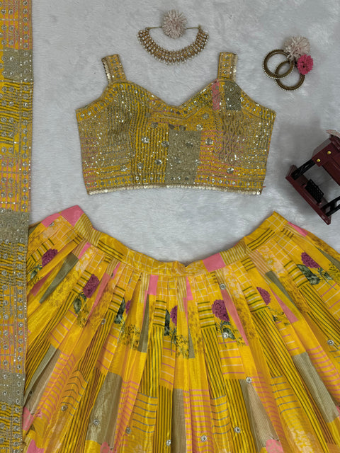 Yellow Chinon silk  Seuqnce lehenga choli for women in USA