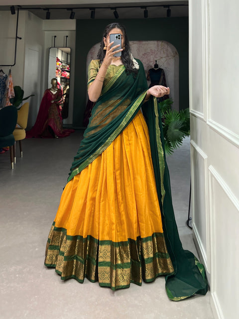 Colorfull Yellow Crafted with love, adorned with heritage : The South-style Kanchipuram silk lehenga choli for women