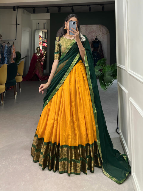 Colorfull Yellow Crafted with love, adorned with heritage : The South-style Kanchipuram silk lehenga choli for women