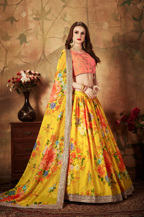 Yellow And Orange Fancy Vibrant Lehenga Choli For Women In Wedding Occasion with Dupatta in USA