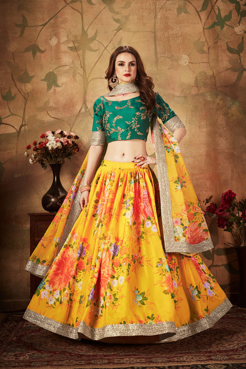 Yellow And Green Fancy Vibrant Lehenga Choli For Women In Wedding Occasion with Dupatta in USA