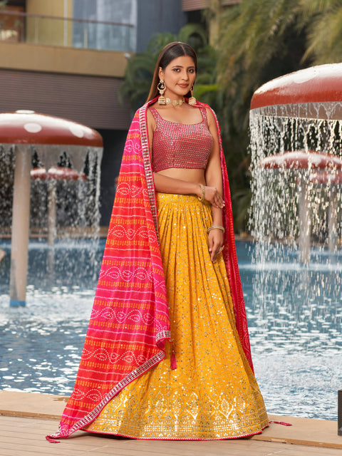 Lovely Yellow And Pink Wedding wear Heavy Lehenga Choli for Women with Dupatta Sequence Lehenga Choli In USA