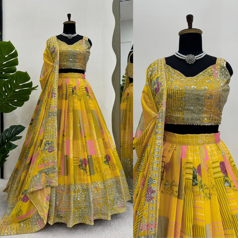 Yellow Chinon silk  Seuqnce lehenga choli for women in USA