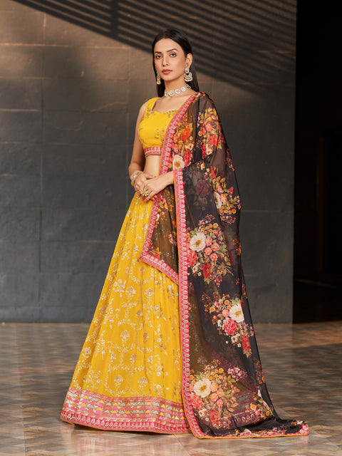 Yellow And Black Stylish Wedding wear Heavy Lehenga Choli for Women with Dupatta Sequence Lehenga Choli In USA