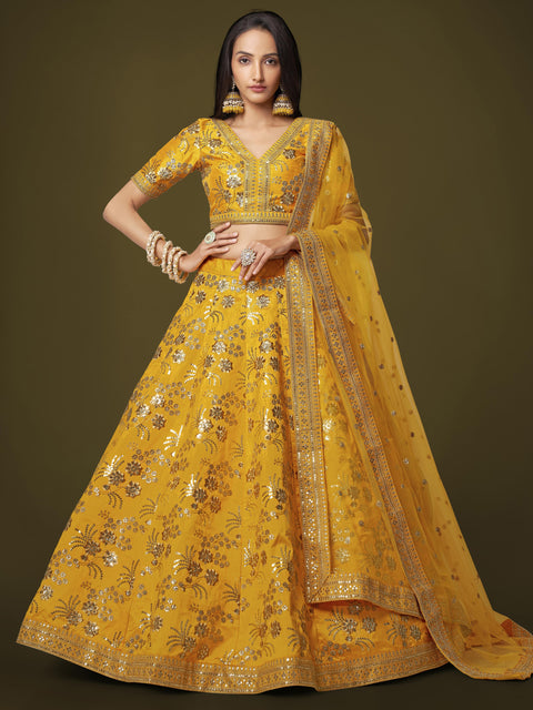 Graceful Yellow Wedding Wear Heavy Lehenga Choli for Women with Dupatta in USA Sequence Lehenga Choli