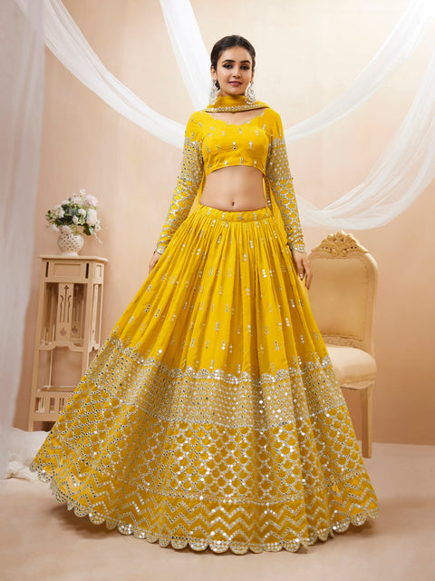 Yellow Flowing Wedding wear Heavy Lehenga Choli for Women with Dupatta Sequence Lehenga Choli In USA