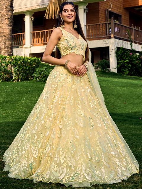 Yellow Heavy Lehenga Choli for Women with Dupatta Sequence Lehenga Choli In USA