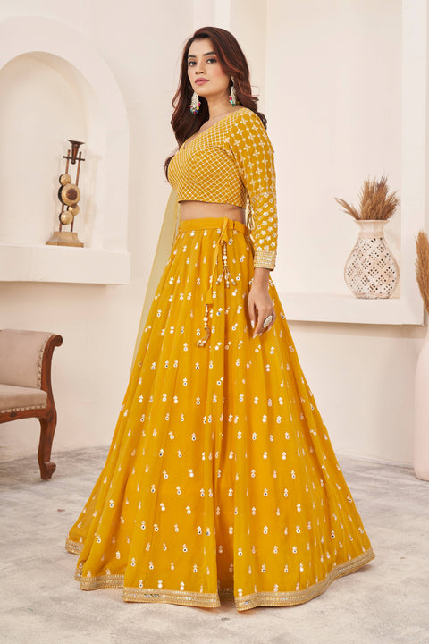 Yellow Wedding wear Heavy Lehenga Choli for Women with Dupatta Sequence Lehenga Choli In USA