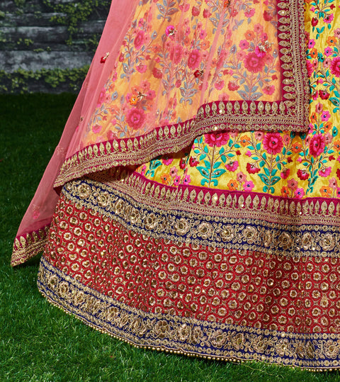 Everyone will admire you when you wear this Stunning Yellow and Red Embroidered Designer Lehenga Choli For Women