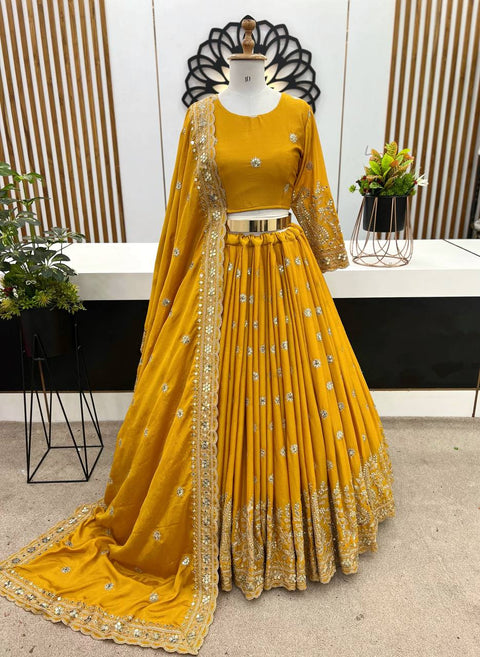 Yellow Wedding Collection Lehenga Choli With Full Heavy Embroidery Sequence Work For Women