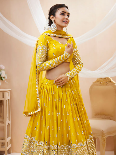 Yellow Flowing Wedding wear Heavy Lehenga Choli for Women with Dupatta Sequence Lehenga Choli In USA