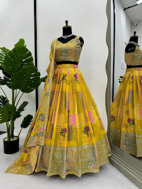 Yellow Chinon silk  Seuqnce lehenga choli for women in USA