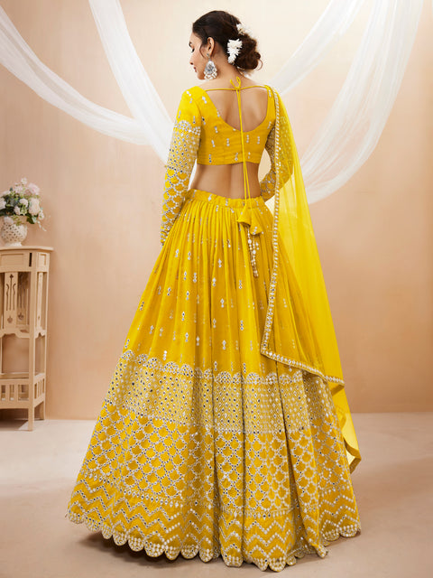 Yellow Flowing Wedding wear Heavy Lehenga Choli for Women with Dupatta Sequence Lehenga Choli In USA