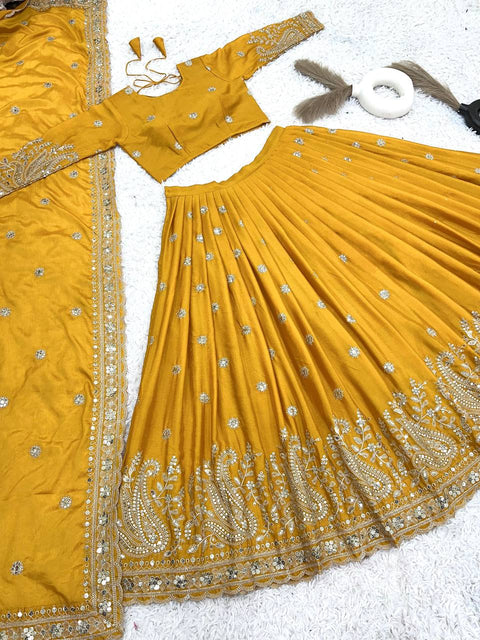 Yellow Wedding Collection Lehenga Choli With Full Heavy Embroidery Sequence Work For Women