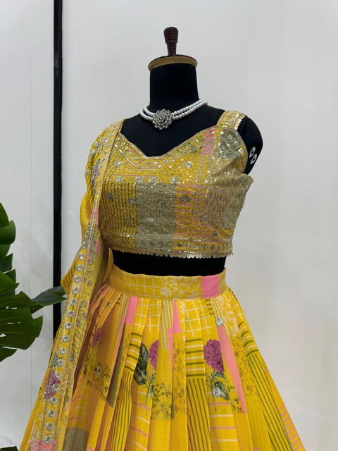 Yellow Chinon silk  Seuqnce lehenga choli for women in USA