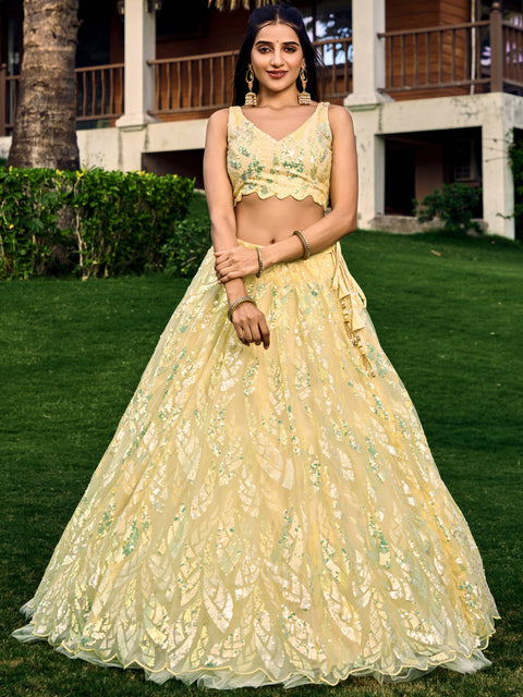 Yellow Heavy Lehenga Choli for Women with Dupatta Sequence Lehenga Choli In USA