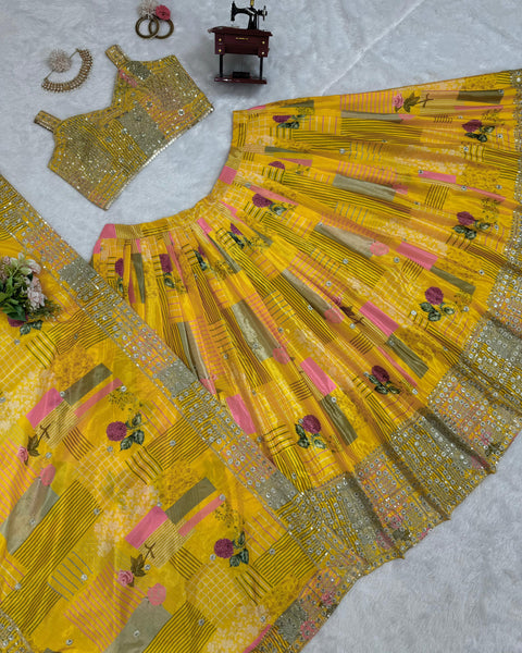 Yellow Chinon silk  Seuqnce lehenga choli for women in USA