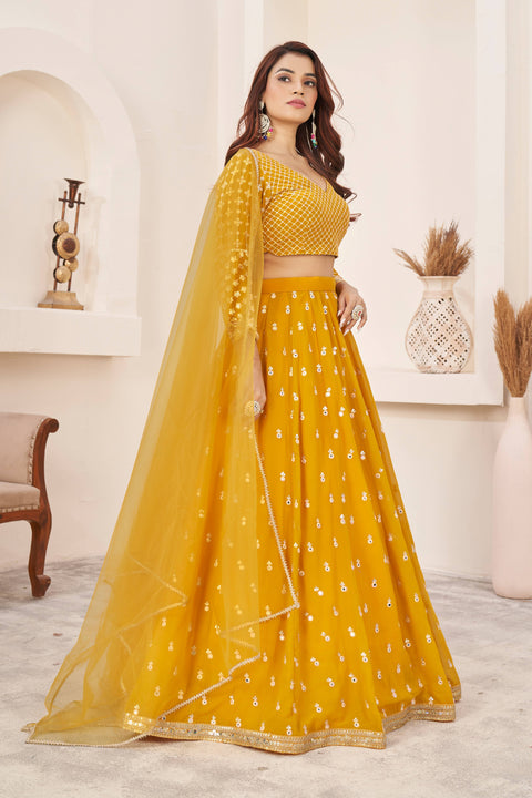 Yellow Wedding wear Heavy Lehenga Choli for Women with Dupatta Sequence Lehenga Choli In USA