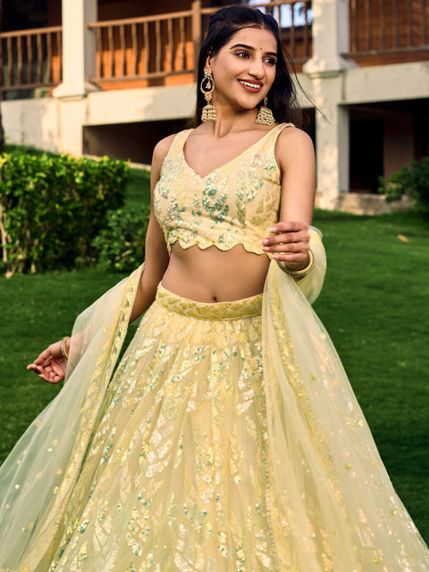 Yellow Heavy Lehenga Choli for Women with Dupatta Sequence Lehenga Choli In USA