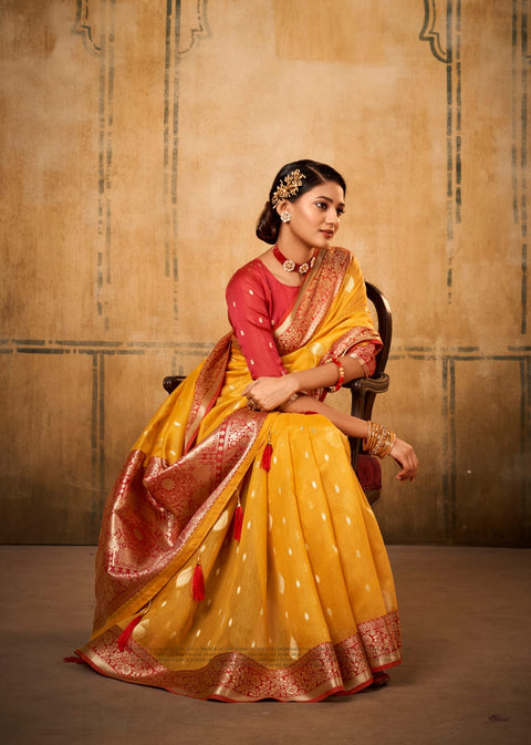 Yellow Tissue Silk Indian Wedding Wear saree with blouse in USA, Perfect for Indian Wedding Wear, partywear sequins saree