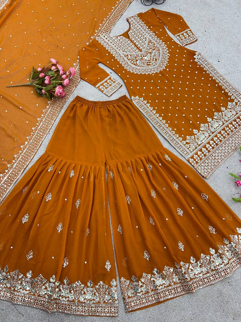 Yellow Heavy Embroidery Sequence Work Top-Gharara And Dupatta Set Fully Stitched For Women